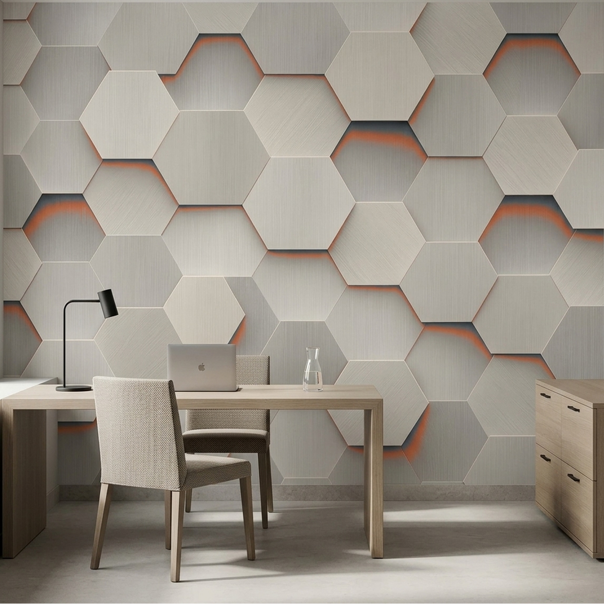 Gray Hexagon Wall Mural with Orange Accents and Brushed Metal Effect