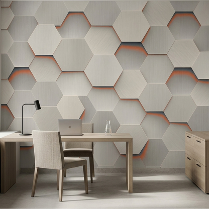 Gray Hexagon Wall Mural with Orange Accents and Brushed Metal Effect
