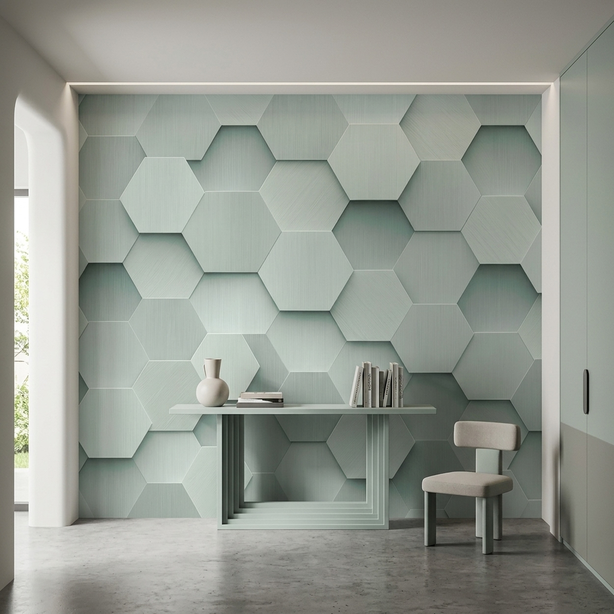 Embossed Hexagon Tile Wallpaper Soft Mint Gray Wall Mural