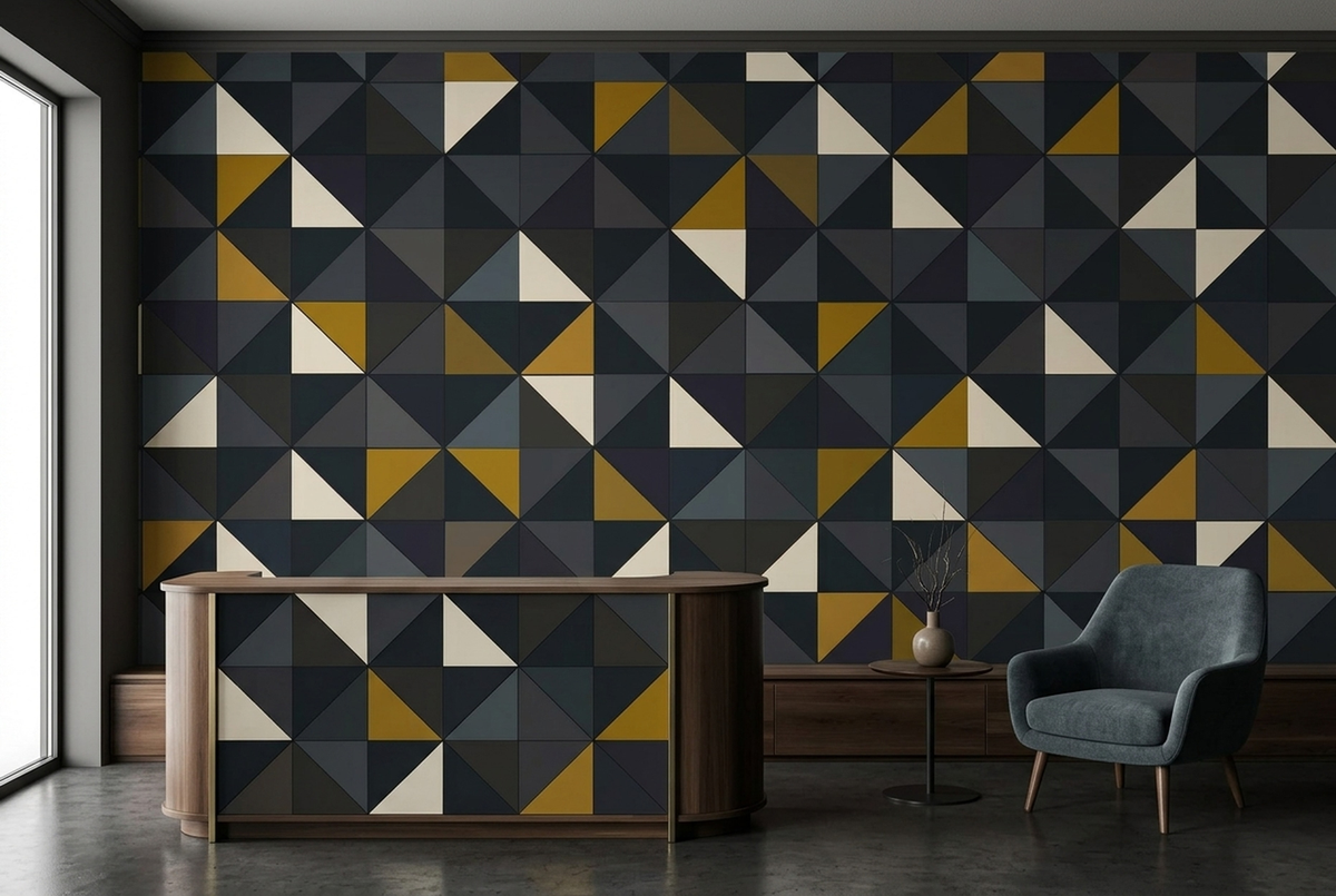 Charcoal Geometric Wall Mural with Mustard and Ivory Triangles