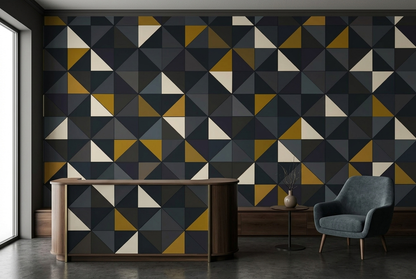 Charcoal Geometric Wall Mural with Mustard and Ivory Triangles