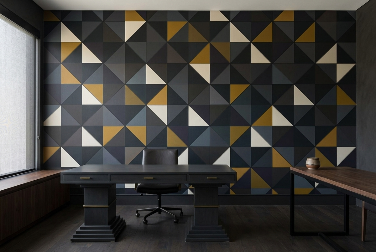 Charcoal Geometric Wall Mural with Mustard and Ivory Triangles