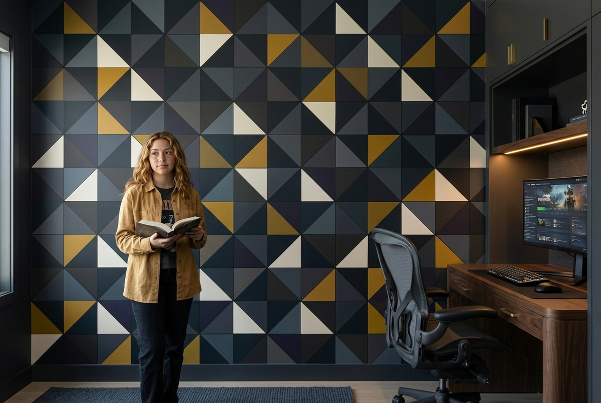 Charcoal Geometric Wall Mural with Mustard and Ivory Triangles