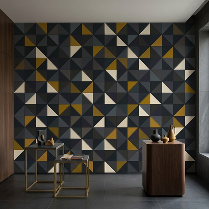 Charcoal Geometric Wall Mural with Mustard and Ivory Triangles