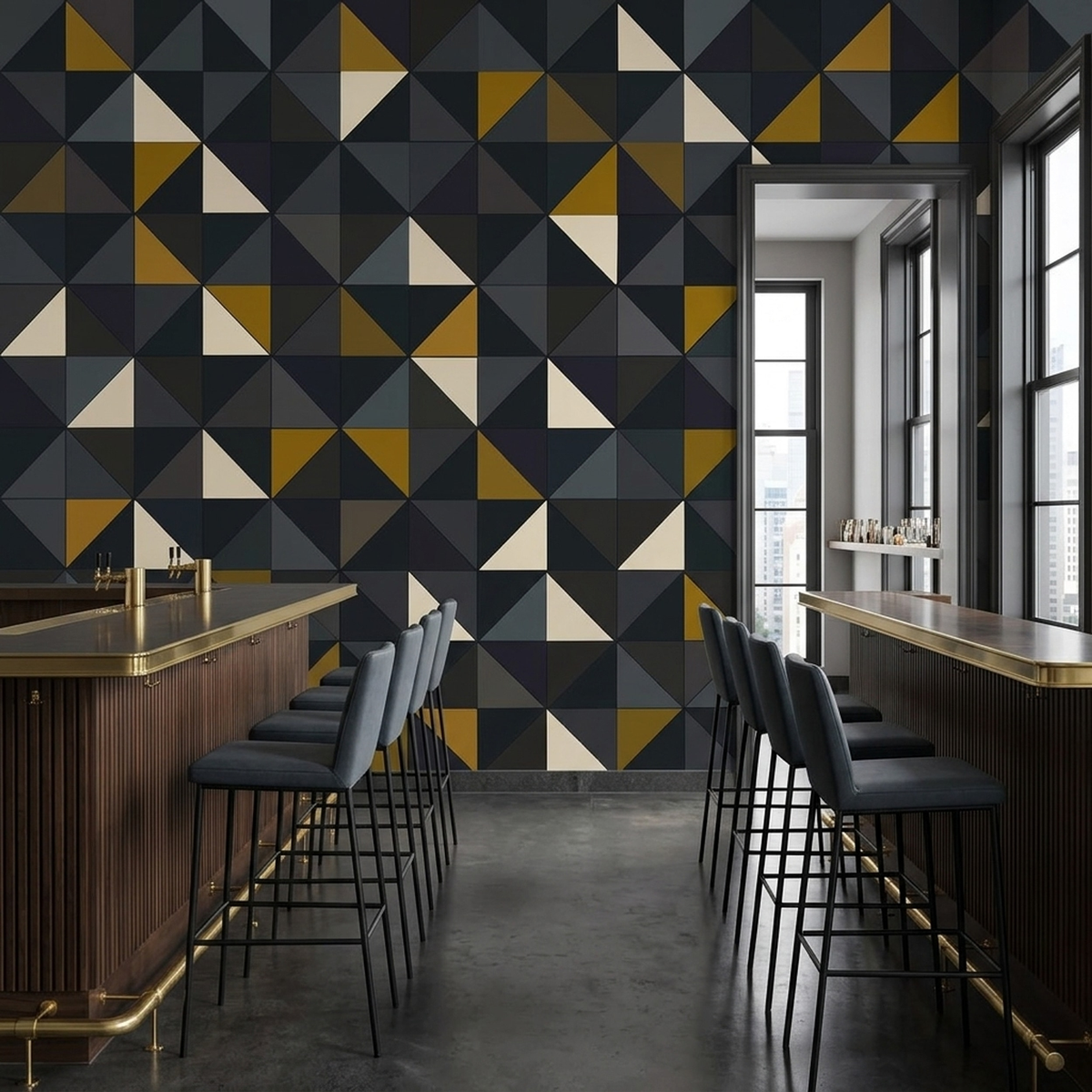 Charcoal Geometric Wall Mural with Mustard and Ivory Triangles