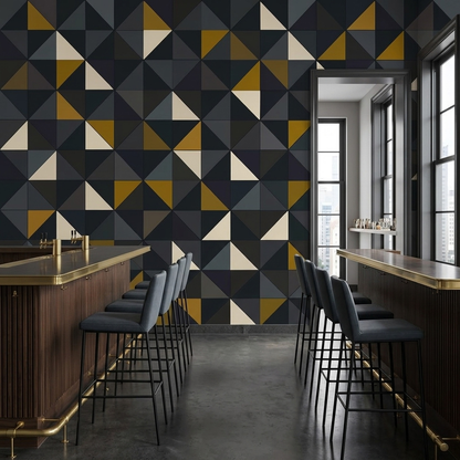 Charcoal Geometric Wall Mural with Mustard and Ivory Triangles