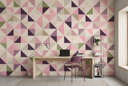 Pink Geometric Wall Mural with Plum and Olive Triangle Mosaic
