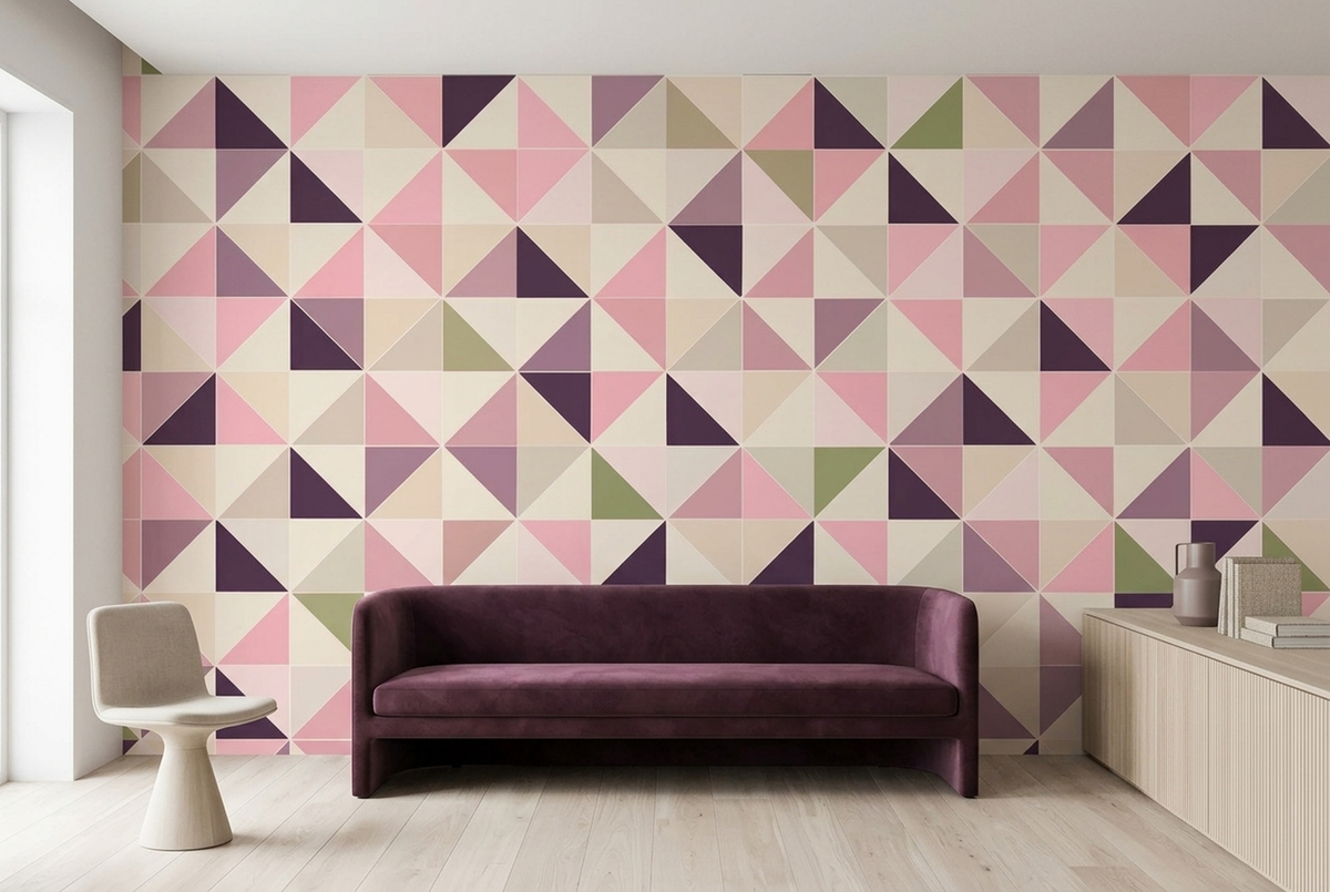 Pink Geometric Wall Mural with Plum and Olive Triangle Mosaic
