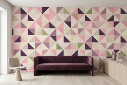 Pink Geometric Wall Mural with Plum and Olive Triangle Mosaic