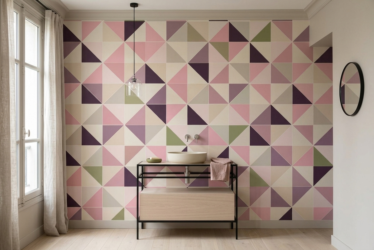 Pink Geometric Wall Mural with Plum and Olive Triangle Mosaic