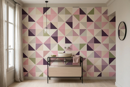 Pink Geometric Wall Mural with Plum and Olive Triangle Mosaic