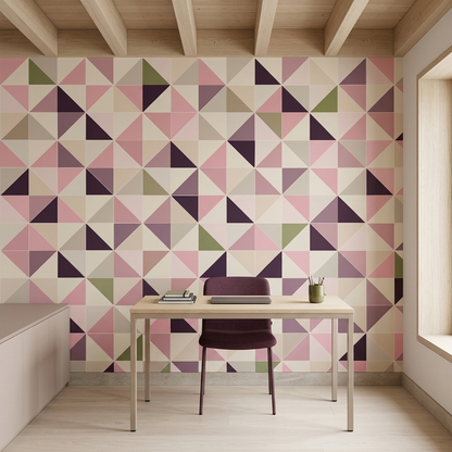 Pink Geometric Wall Mural with Plum and Olive Triangle Mosaic