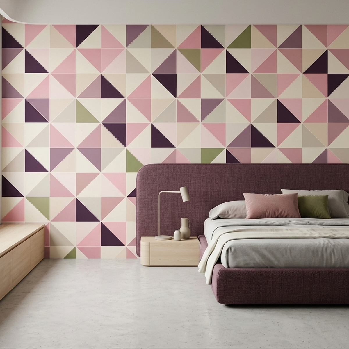 Pink Geometric Wall Mural with Plum and Olive Triangle Mosaic