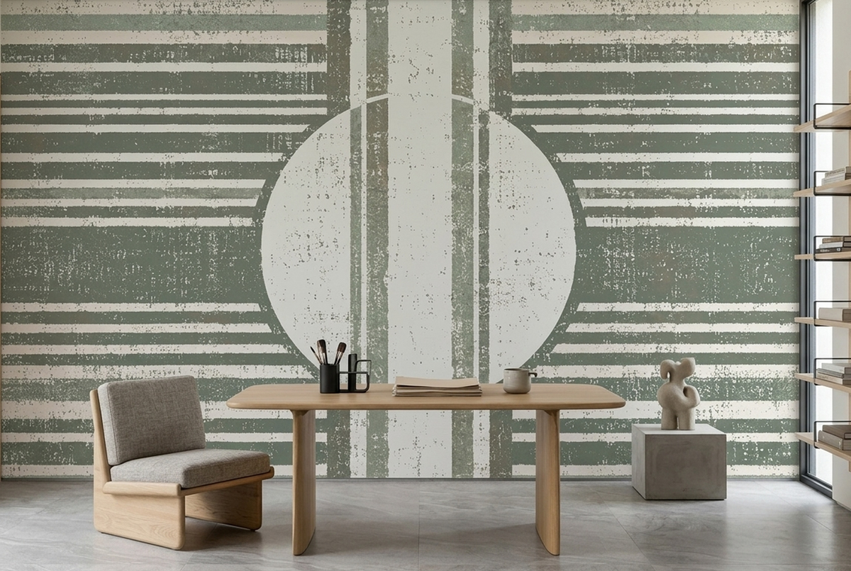 Muted Green Geometric Wall Mural with Distressed Stripes and Central Circle