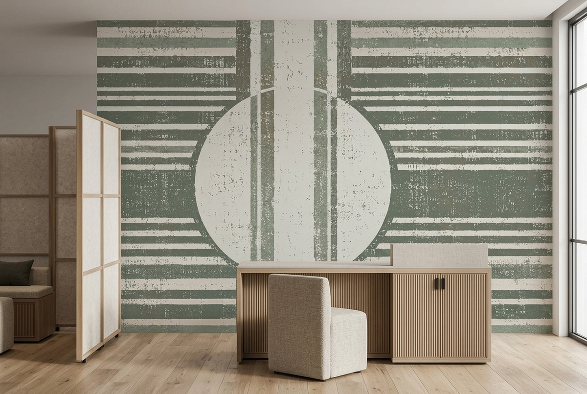 Muted Green Geometric Wall Mural with Distressed Stripes and Central Circle