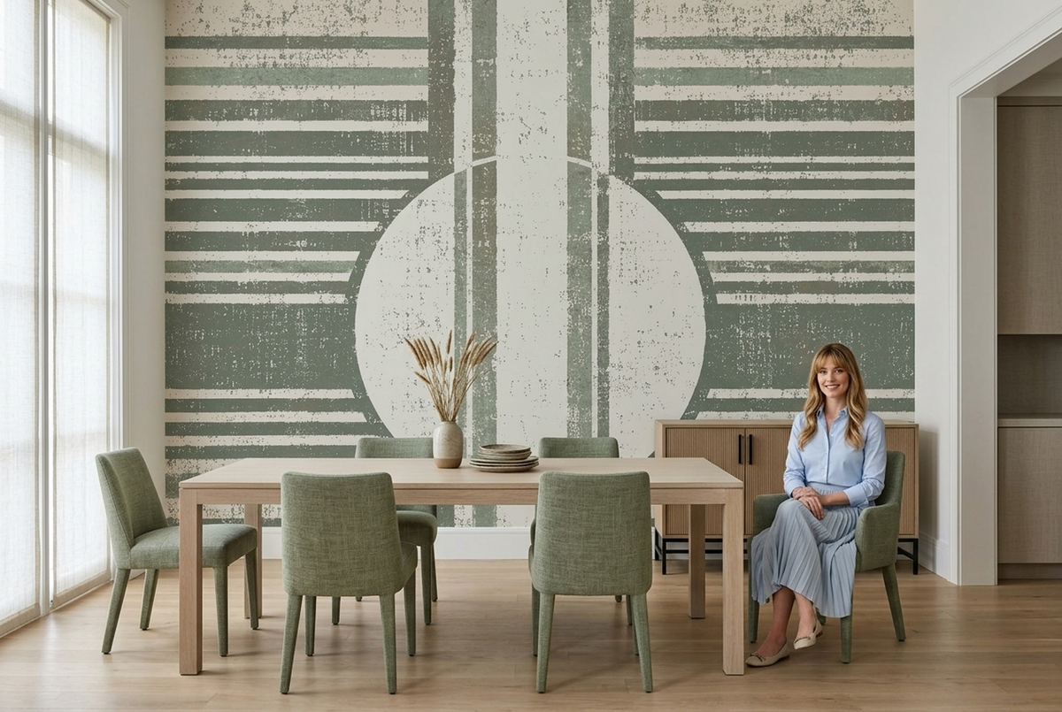 Muted Green Geometric Wall Mural with Distressed Stripes and Central Circle