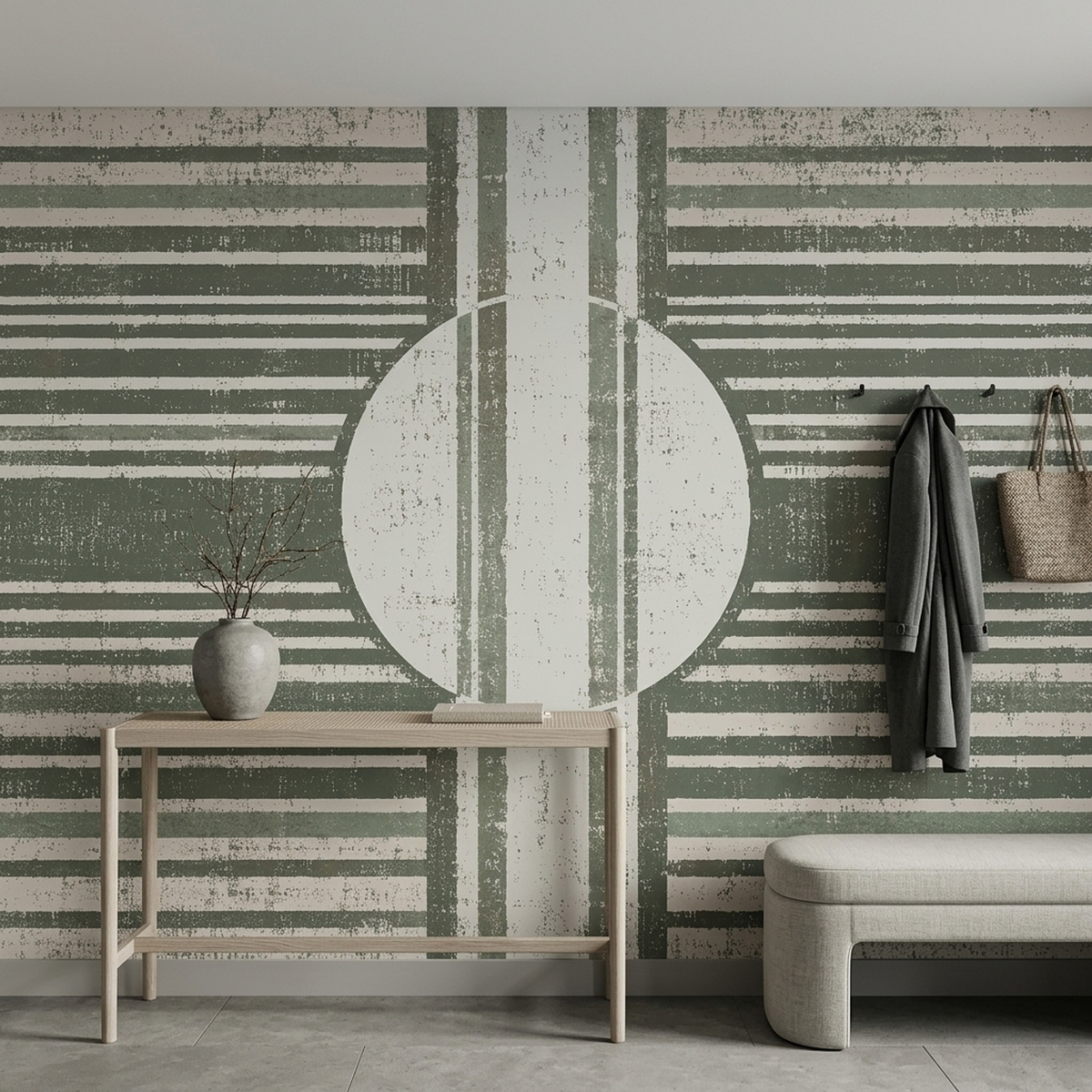 Muted Green Geometric Wall Mural with Distressed Stripes and Central Circle