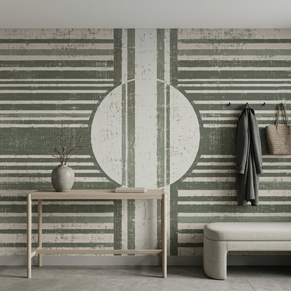 Muted Green Geometric Wall Mural with Distressed Stripes and Central Circle