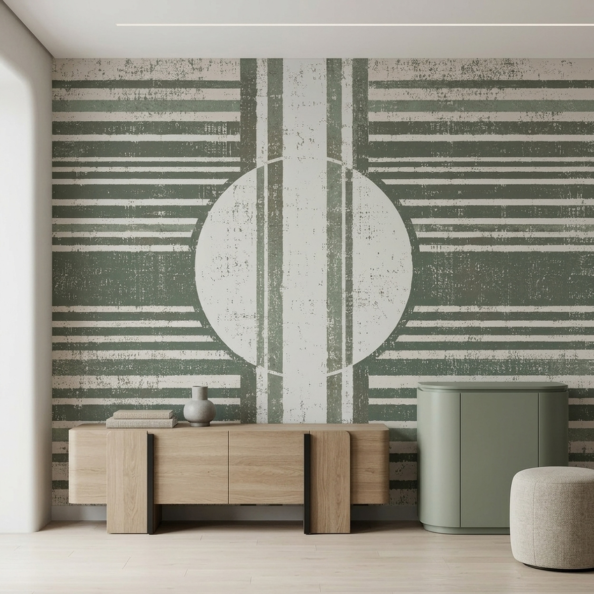 Muted Green Geometric Wall Mural with Distressed Stripes and Central Circle