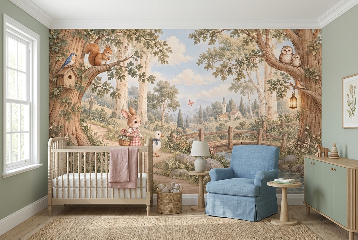 Storybook Bunny and Duck Nursery Wall Mural with Country Bridge