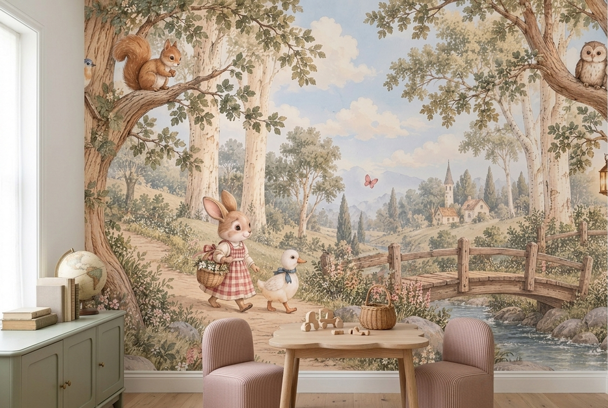 Storybook Bunny and Duck Nursery Wall Mural with Country Bridge