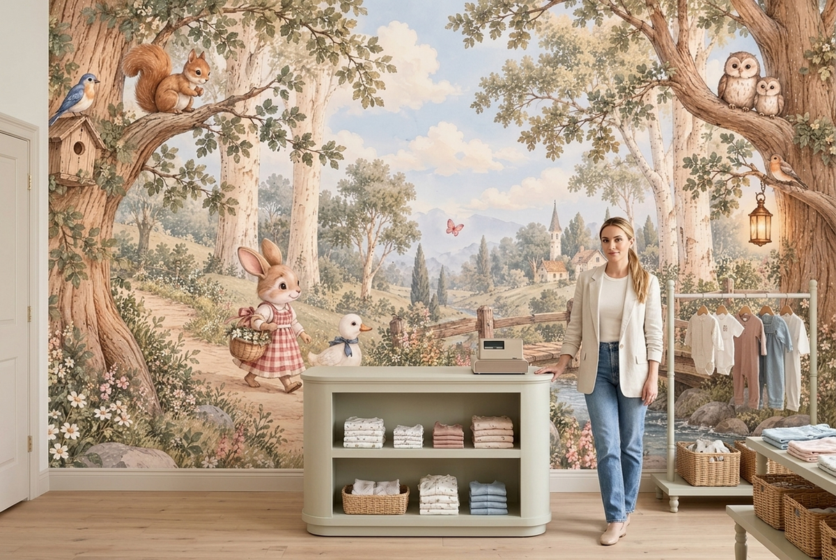 Storybook Bunny and Duck Nursery Wall Mural with Country Bridge