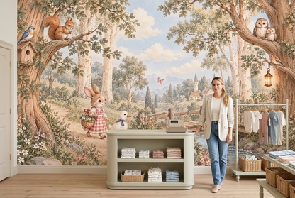 Storybook Bunny and Duck Nursery Wall Mural with Country Bridge