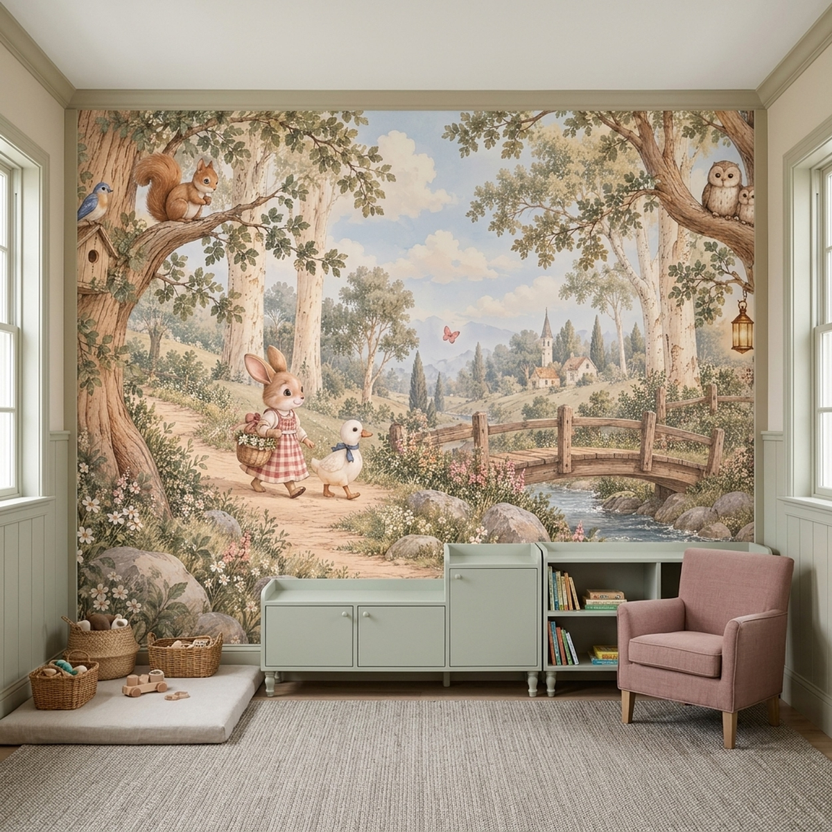 Storybook Bunny and Duck Nursery Wall Mural with Country Bridge