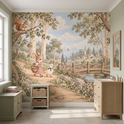 Storybook Bunny and Duck Nursery Wall Mural with Country Bridge