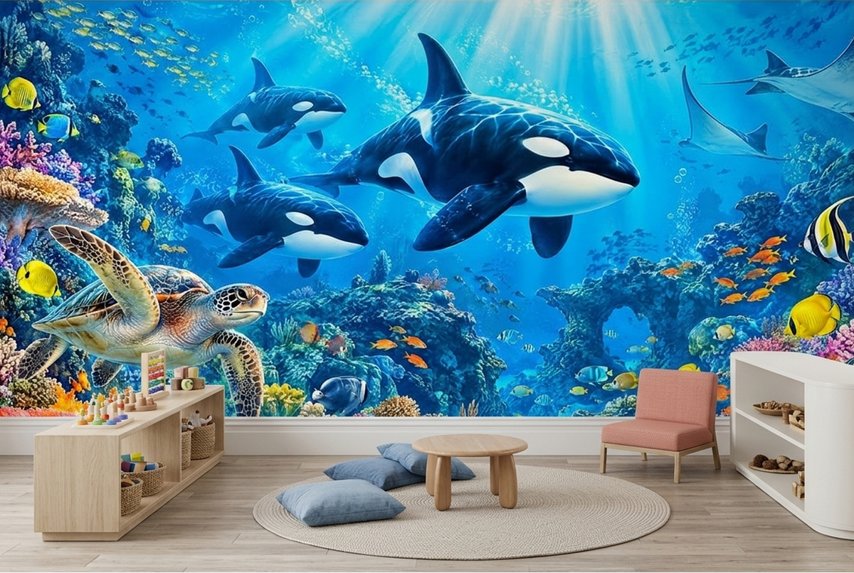 Orcas And Coral Reef Wallpaper Underwater Ocean Wall Mural