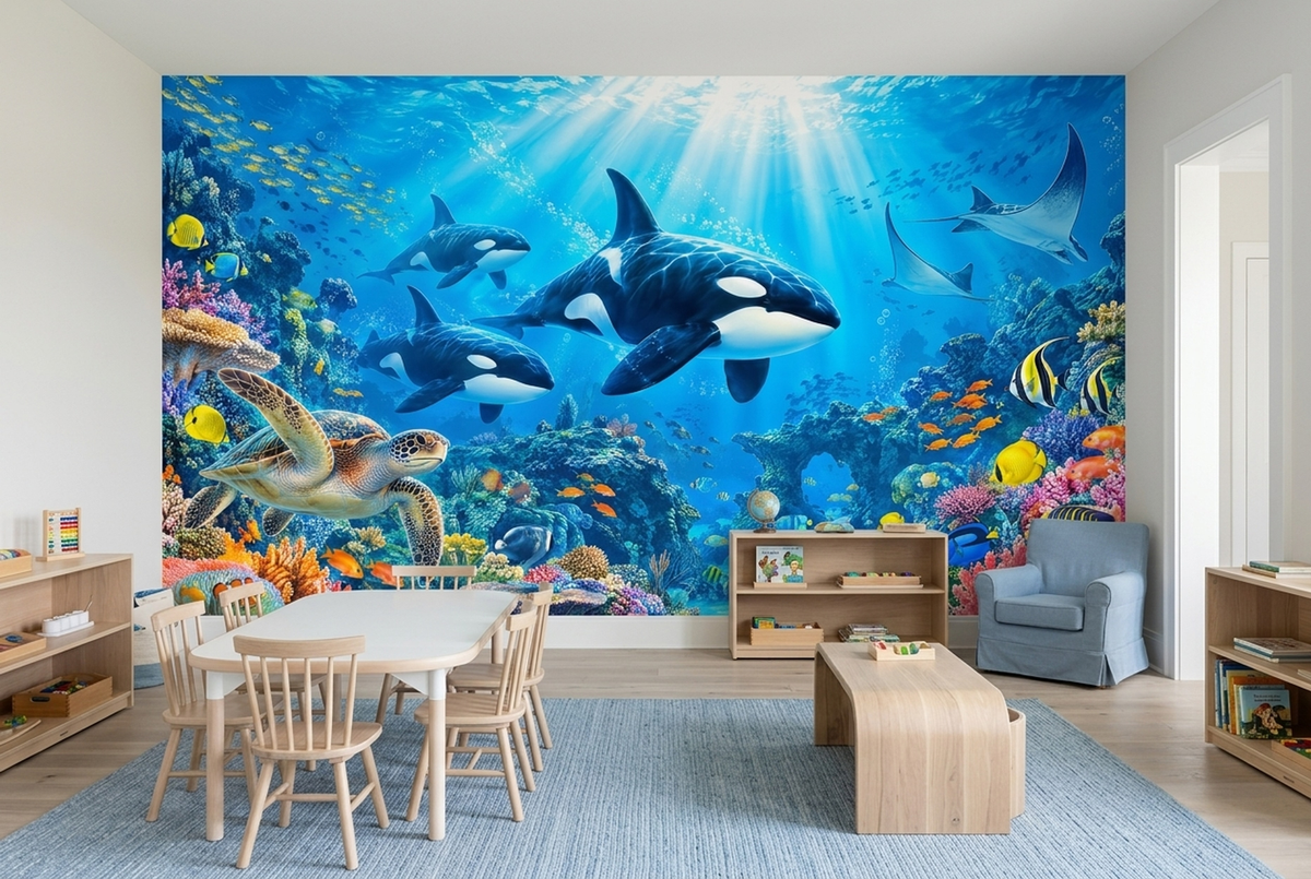 Orcas And Coral Reef Wallpaper Underwater Ocean Wall Mural