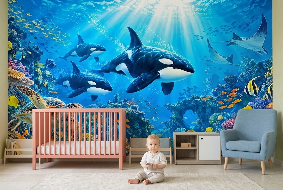 Orcas And Coral Reef Wallpaper Underwater Ocean Wall Mural