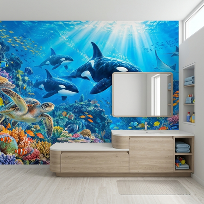Orcas And Coral Reef Wallpaper Underwater Ocean Wall Mural