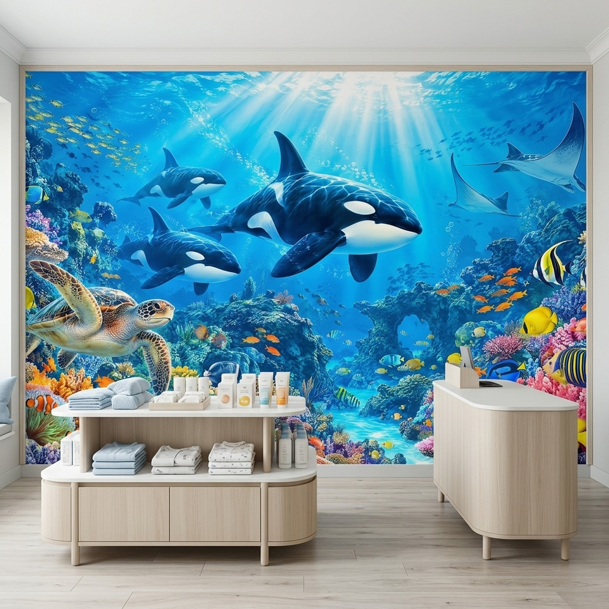 Orcas And Coral Reef Wallpaper Underwater Ocean Wall Mural