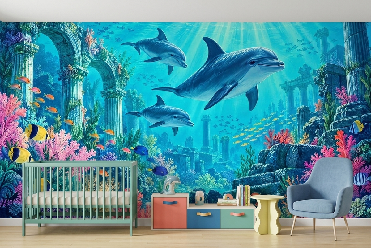 Dolphins And Tropical Fish Wallpaper Underwater Reef Ruins Wall Mural
