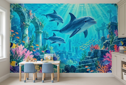 Dolphins And Tropical Fish Wallpaper Underwater Reef Ruins Wall Mural