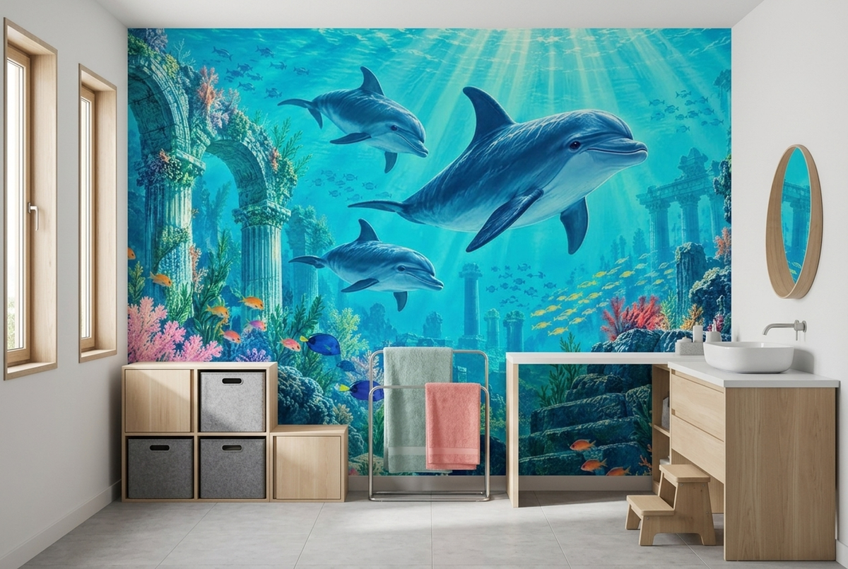 Dolphins And Tropical Fish Wallpaper Underwater Reef Ruins Wall Mural