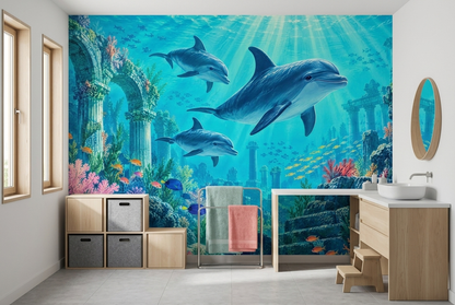 Dolphins And Tropical Fish Wallpaper Underwater Reef Ruins Wall Mural
