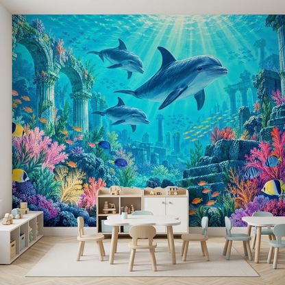 Dolphins And Tropical Fish Wallpaper Underwater Reef Ruins Wall Mural