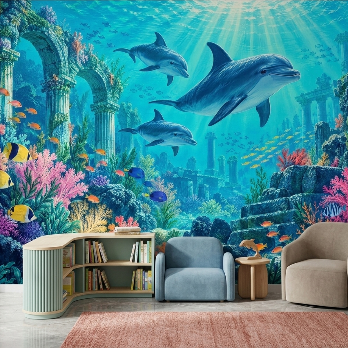 Dolphins And Tropical Fish Wallpaper Underwater Reef Ruins Wall Mural