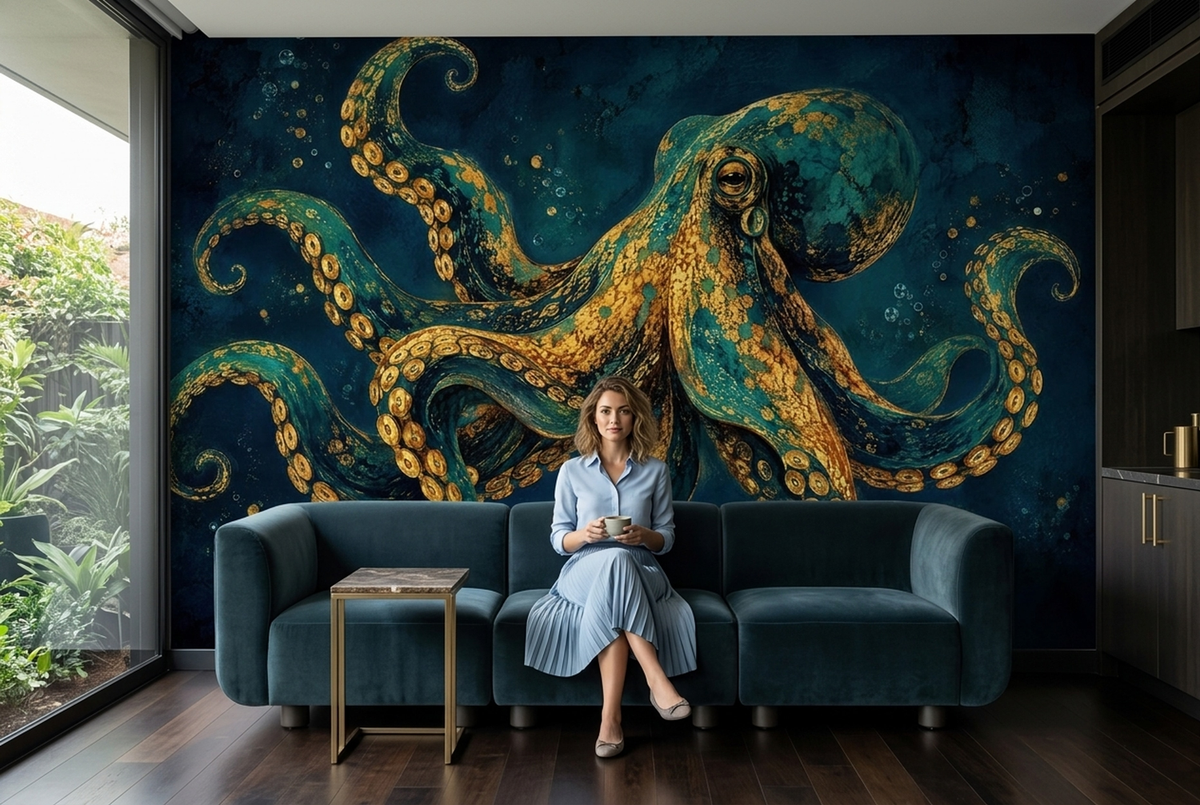 Dramatic Octopus Wallpaper Textured Deep Sea Wall Mural