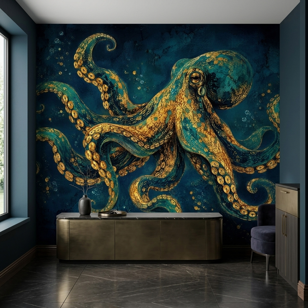 Dramatic Octopus Wallpaper Textured Deep Sea Wall Mural