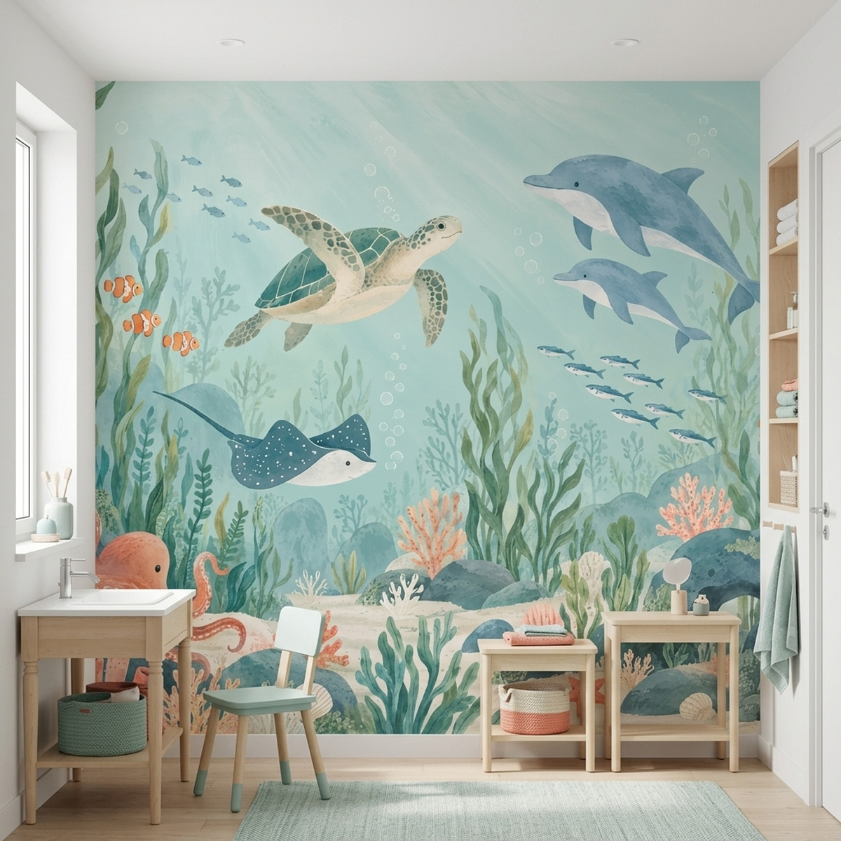 Pastel Underwater Sea Life Wallpaper Kids Ocean Wall Mural