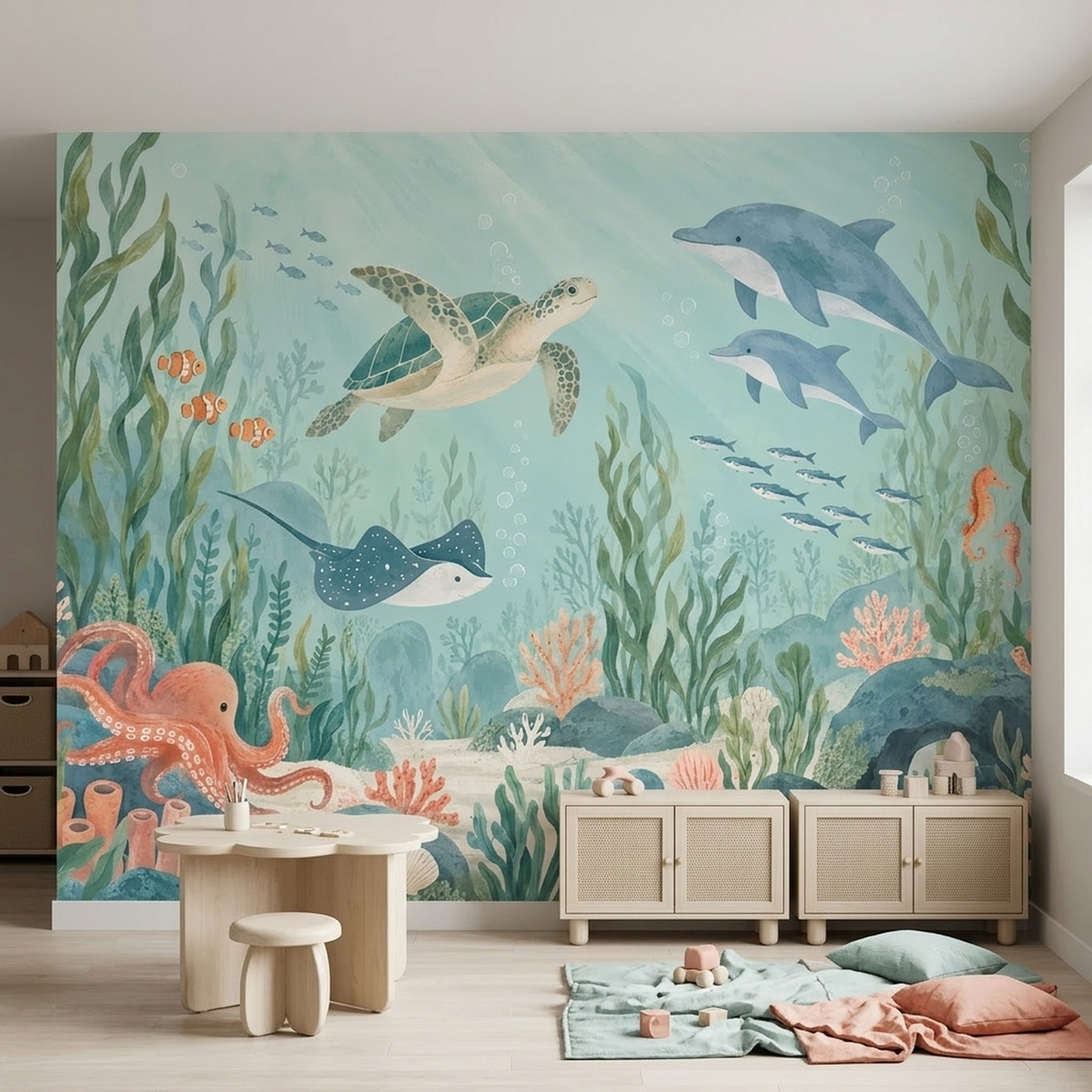 Pastel Underwater Sea Life Wallpaper Kids Ocean Wall Mural