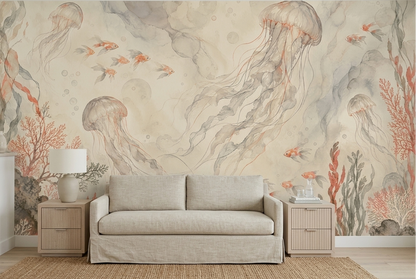 Jellyfish And Reef Life Wallpaper Soft Watercolor Wall Mural