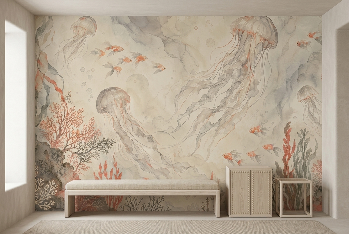 Jellyfish And Reef Life Wallpaper Soft Watercolor Wall Mural