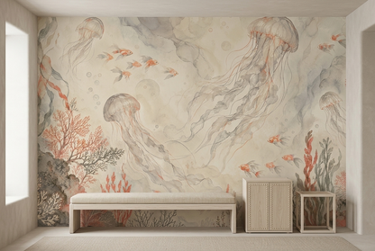 Jellyfish And Reef Life Wallpaper Soft Watercolor Wall Mural