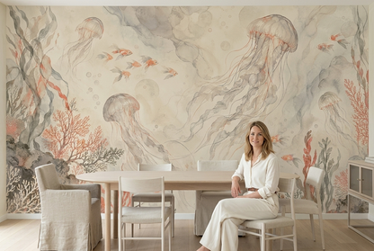 Jellyfish And Reef Life Wallpaper Soft Watercolor Wall Mural
