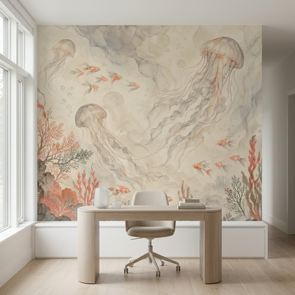 Jellyfish And Reef Life Wallpaper Soft Watercolor Wall Mural