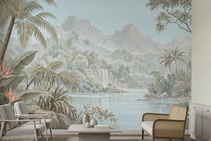 Tropical Lagoon Waterfall Wallpaper Panoramic Landscape Wall Mural